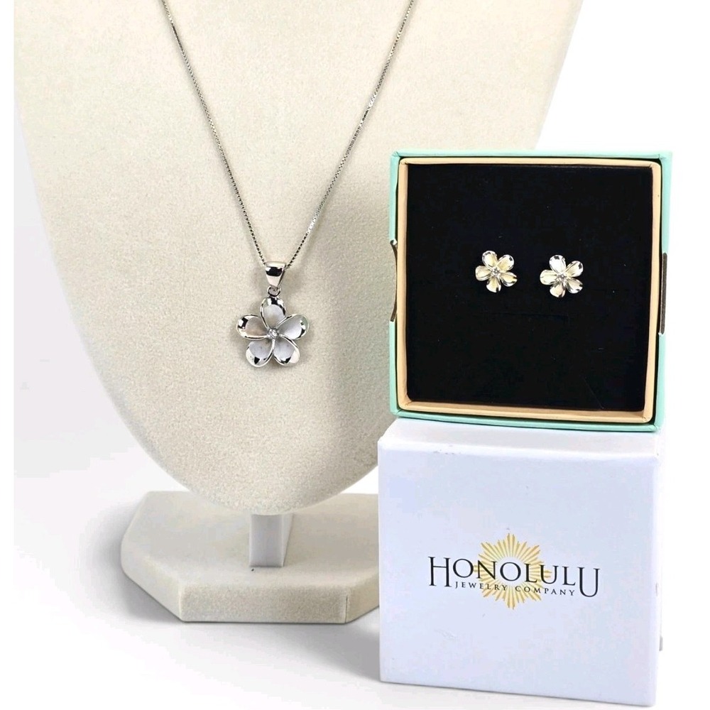 Honolulu Jewelry Co 925 Sterling Silver Plumeria CZ Necklace Earrings Set